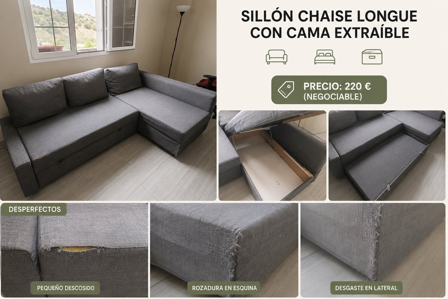 Sillón chaise longue con cama extraíble gris
